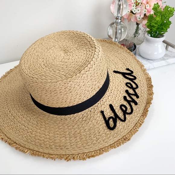 Dash of Pink Accessories - ‘Blessed’ Straw Hat w/ Ribbon Accent